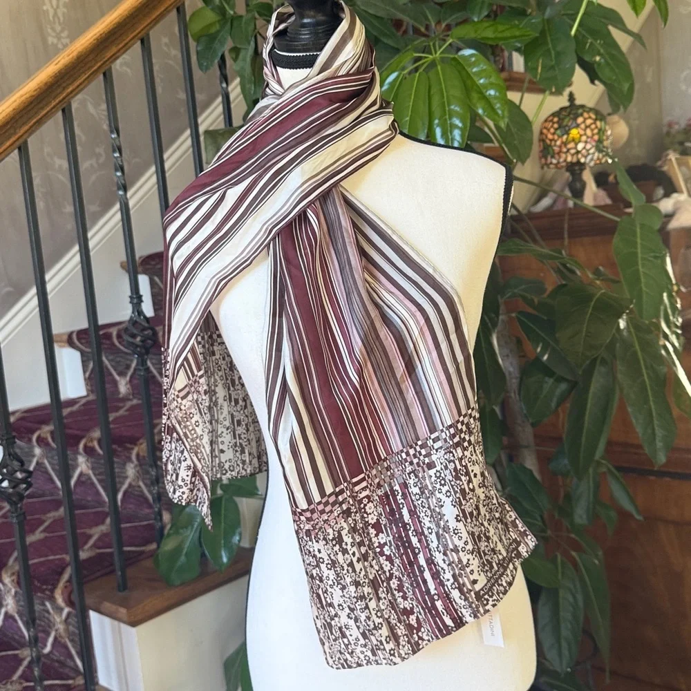 ADRIENNE VITTADINI LADIES 100% SILK SCARF NWT NEW TAGS, BURGUNDY, BEIGE COLORS
